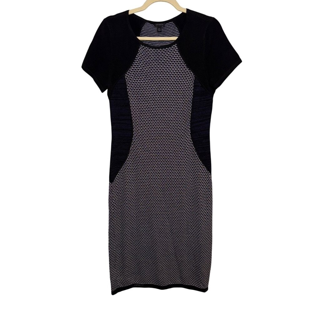 Ann Taylor MT Black & Navy Textured Short Sleeve Sheath Dress Professional Wear
